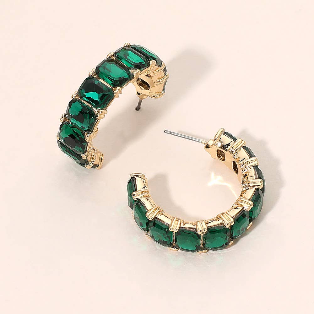 Faceted Rectangular Gem Curved Hoop Earrings