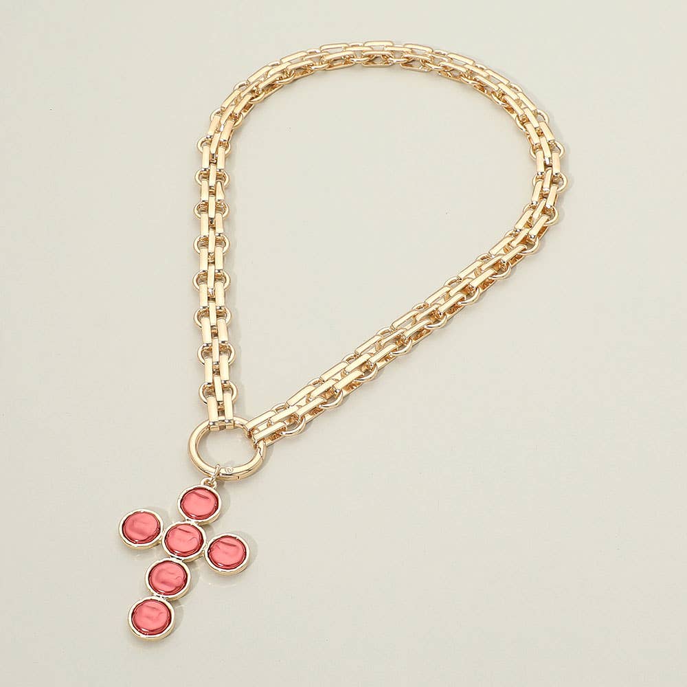 Pearl Cross Charm Pendant Chunky Chain Statement Necklace