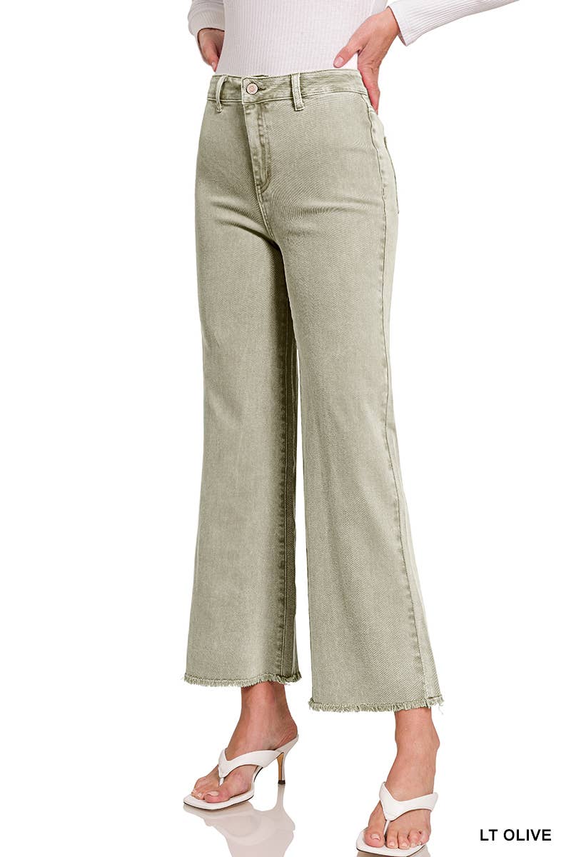 Acid Washed Frayed Cutoff Hem Straight Wide Pants Zenana