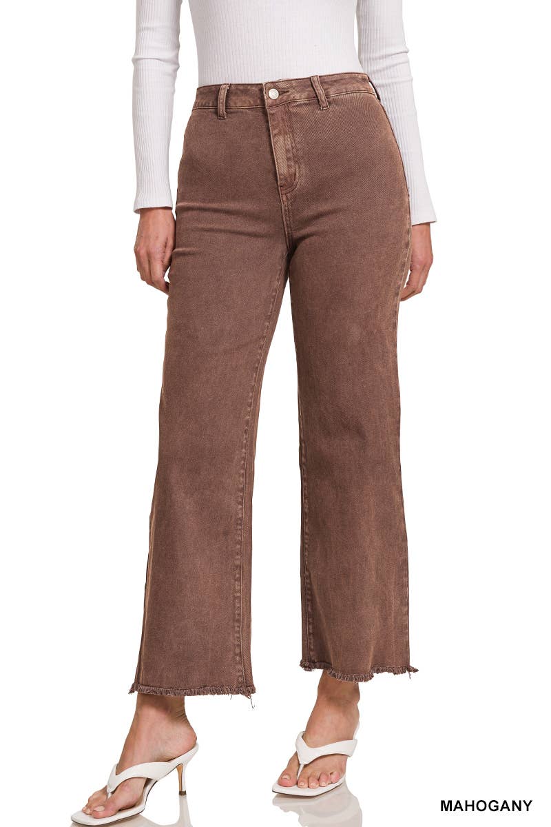 Acid Washed Frayed Cutoff Hem Straight Wide Pants Zenana