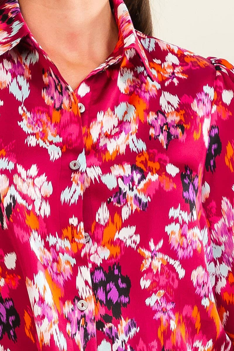 LONG SLEEVE BUTTON UP FLORAL PRINT BLOUSE