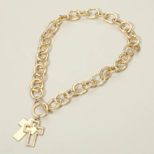 Hammered Layered Cross Pendant Chunky Chain Toggle Necklace