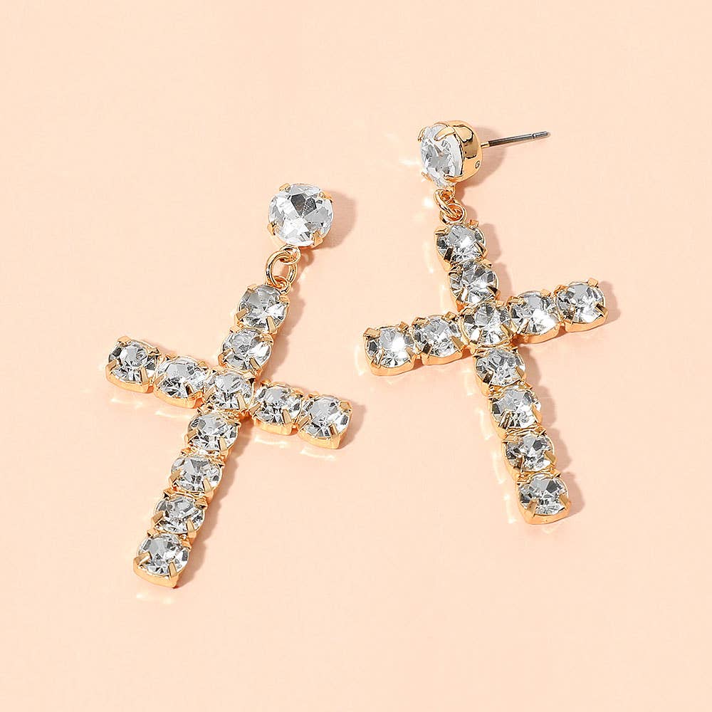 Round Gem Cross Charm Drop Statement Earrings