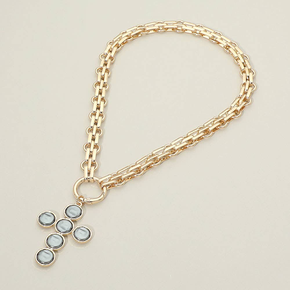 Pearl Cross Charm Pendant Chunky Chain Statement Necklace