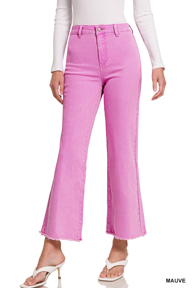 Acid Washed Frayed Cutoff Hem Straight Wide Pants Zenana
