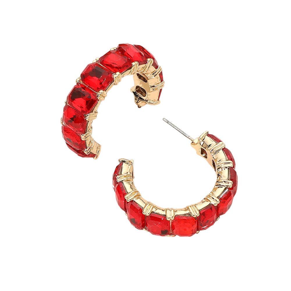 Faceted Rectangular Gem Curved Hoop Earrings