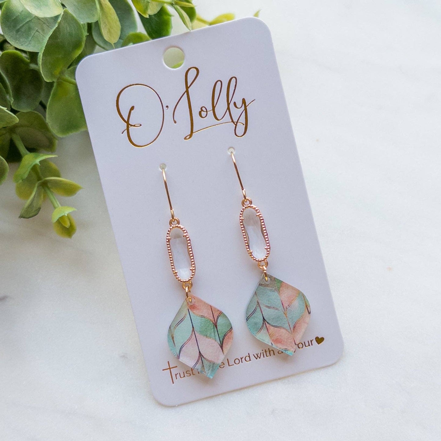 Clear Glass Connector w/Mint Colored Acrylic Dangle Earrings “Wren”