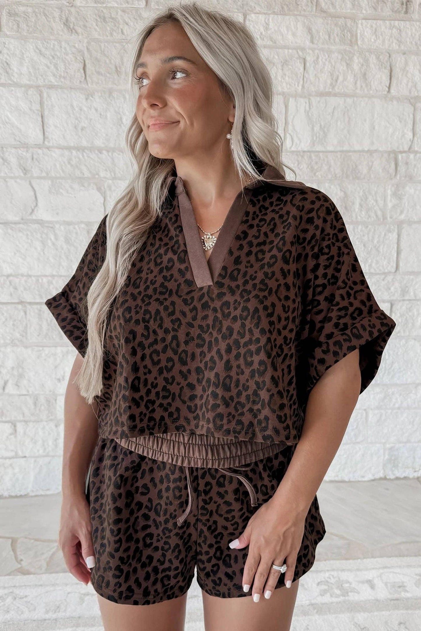 Brown Leopard Collared V Neck Top & Shorts Set