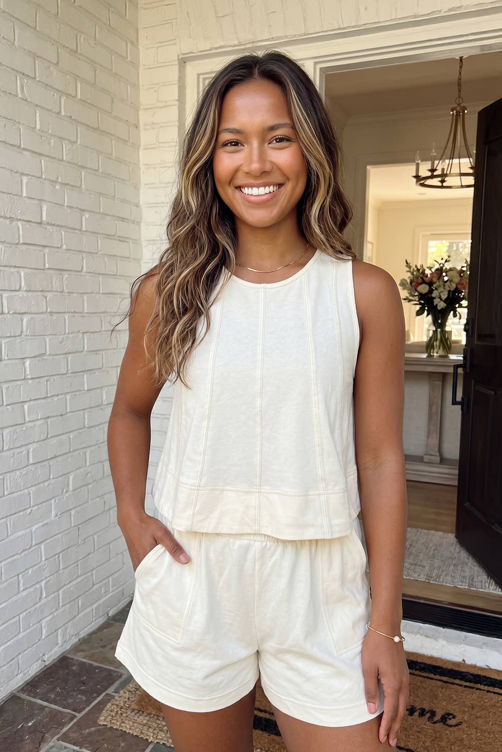 LAS Stitched Detail Loose Tank Top 2pcs Short Set (S-XL) Arrival Date 5/25-5/28