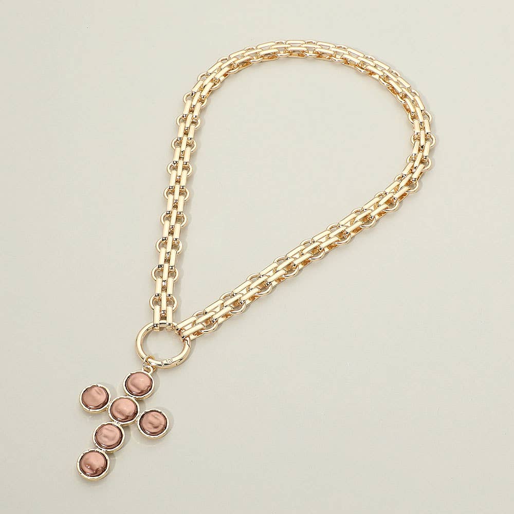 Pearl Cross Charm Pendant Chunky Chain Statement Necklace