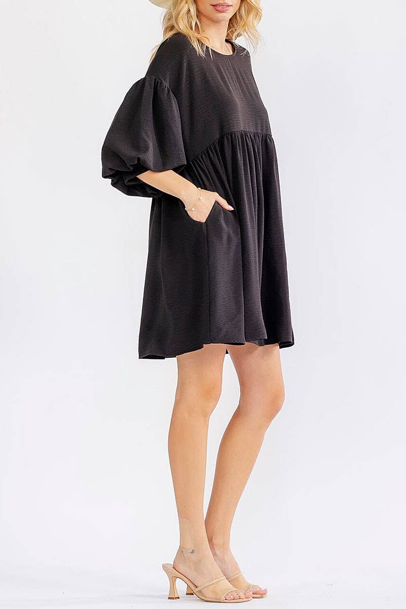 SHORT PUFF SLEEVE POCKETS TIERED TUNIC MINI DRESS