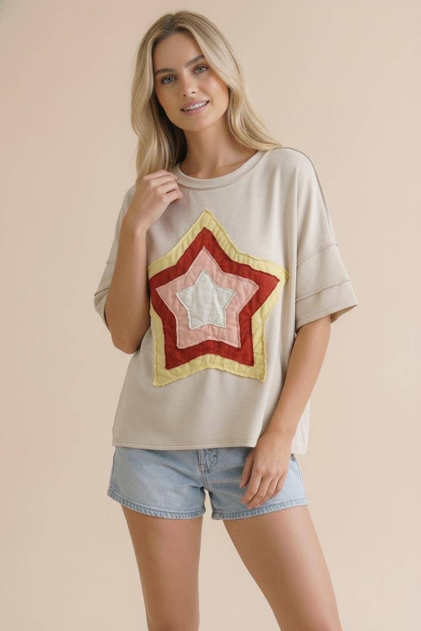 Short Sleeve Multi Color Star Patchwork Top