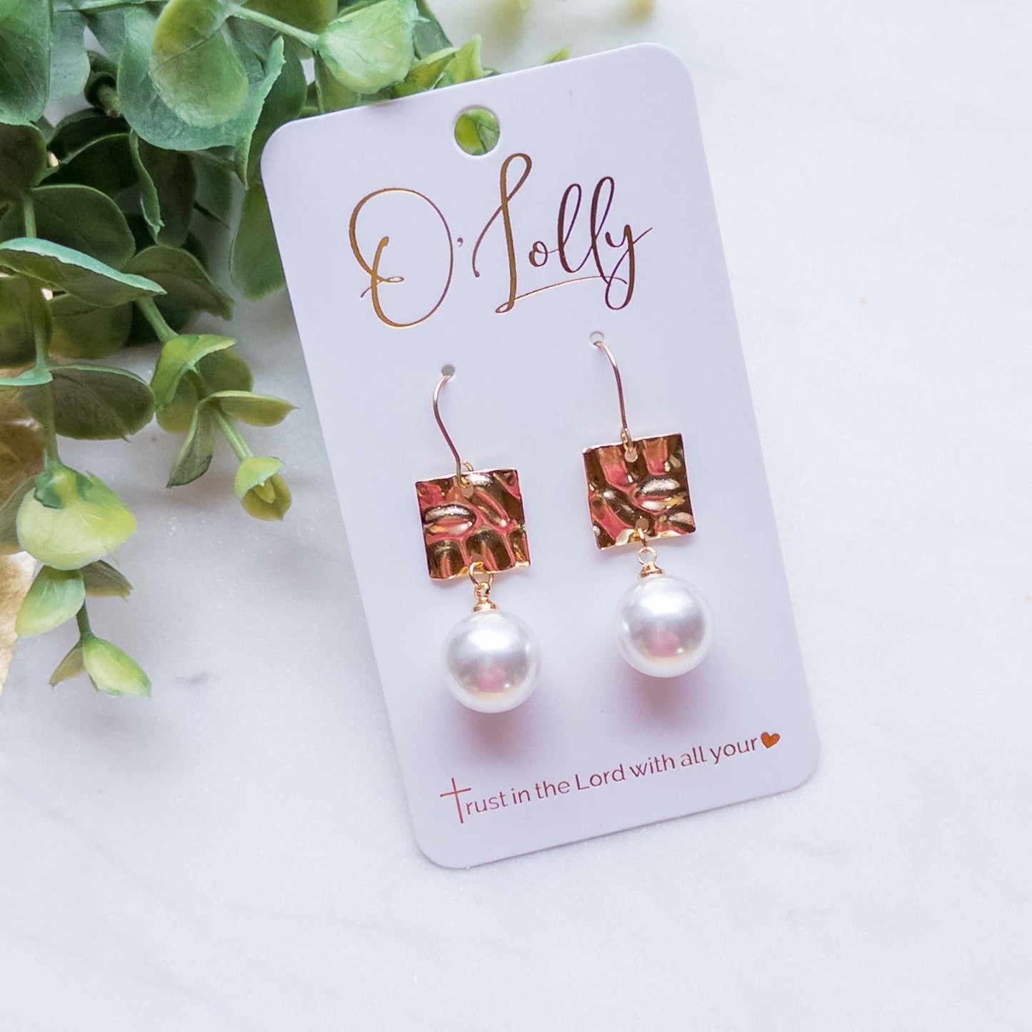 Square Textured Connector w/Pearl Dangle Earrings “Laurel”