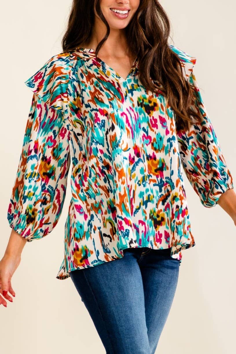 3/4 SLEEVE V-NECK MULTI PRINT BLOUSE
