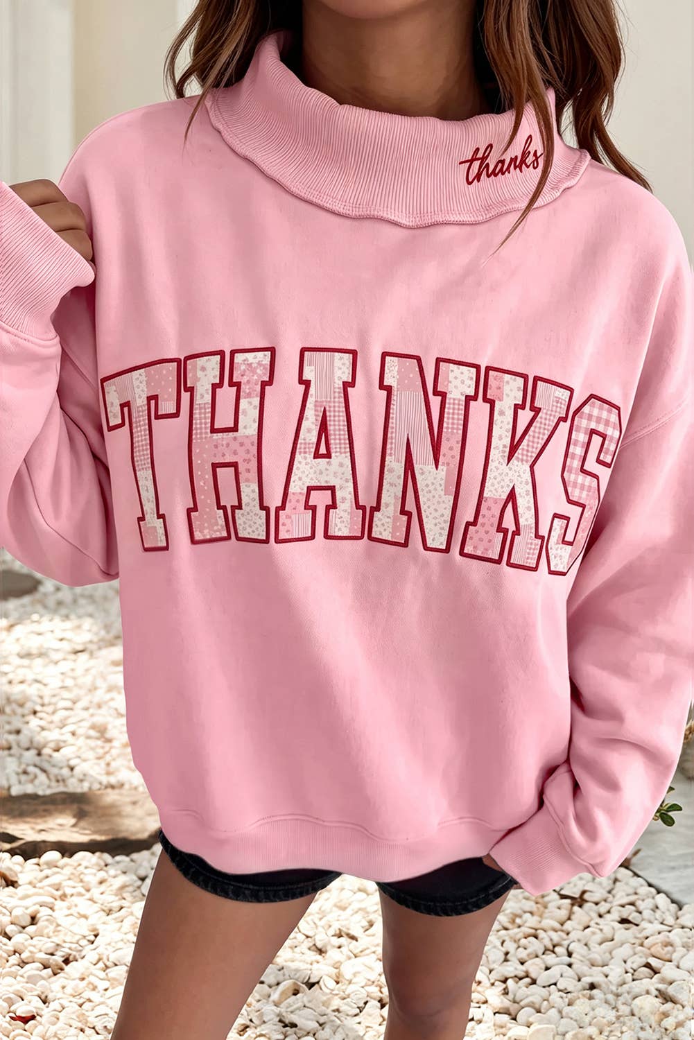 Thanksgiving Embroidered Letter Graphic Mock Neck Sweatshirt