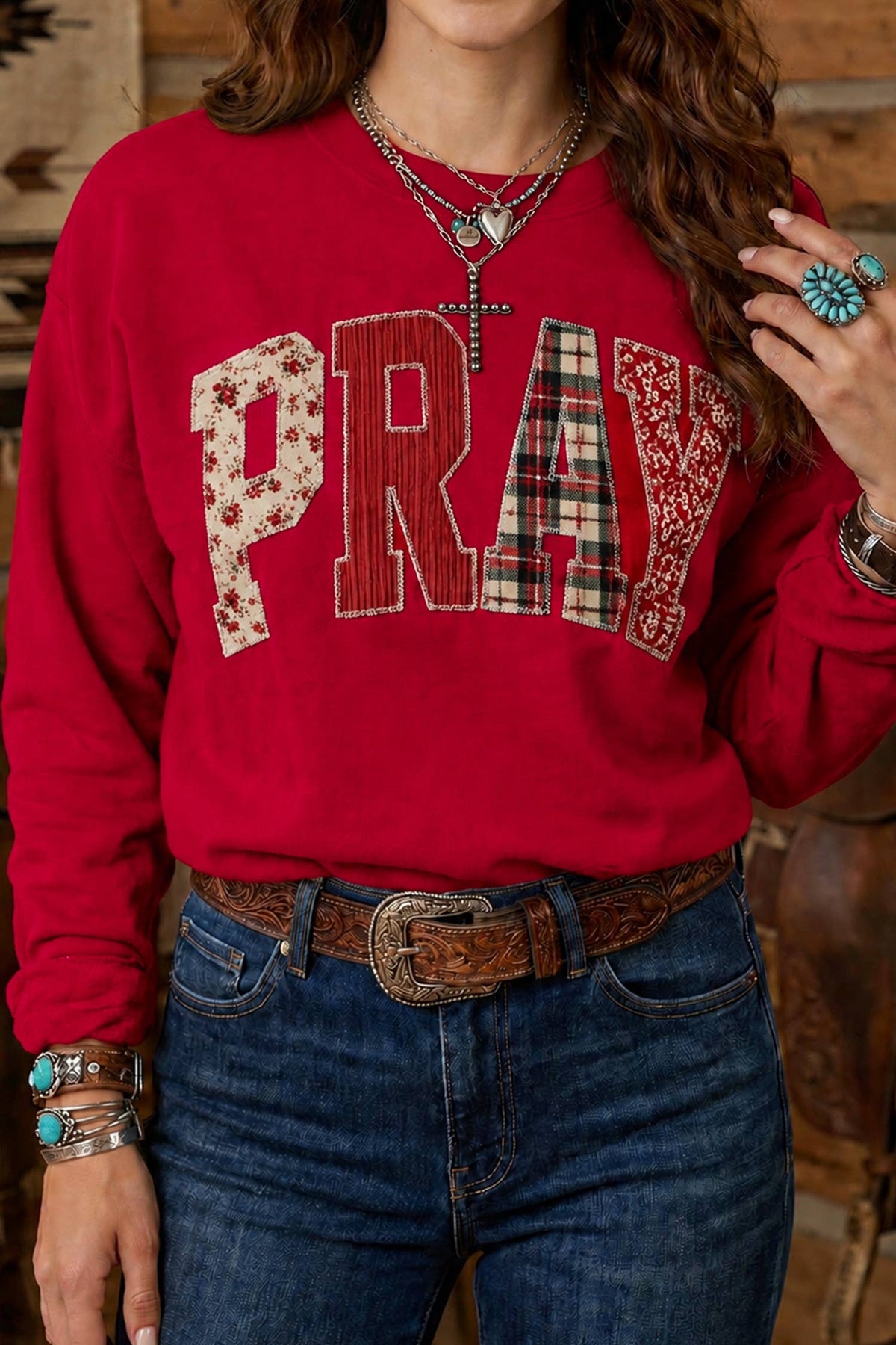 Striped PRAY Embroidered Patch Crew Neck Sweatshirt | S-4X