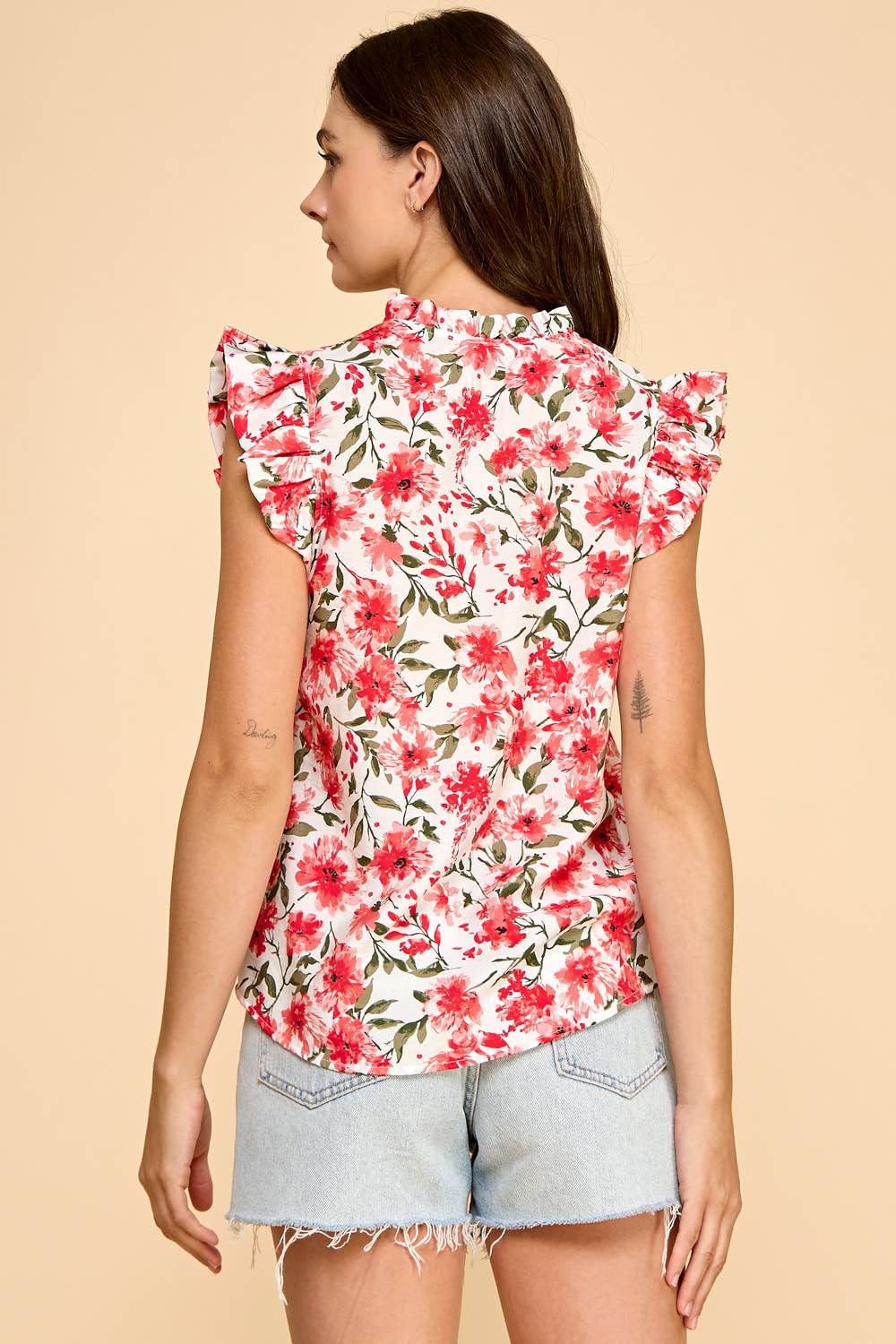 Floral Printed V Neck Top with Ruffled Neck and Sleeves
