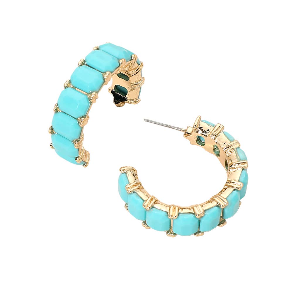 Faceted Rectangular Gem Curved Hoop Earrings