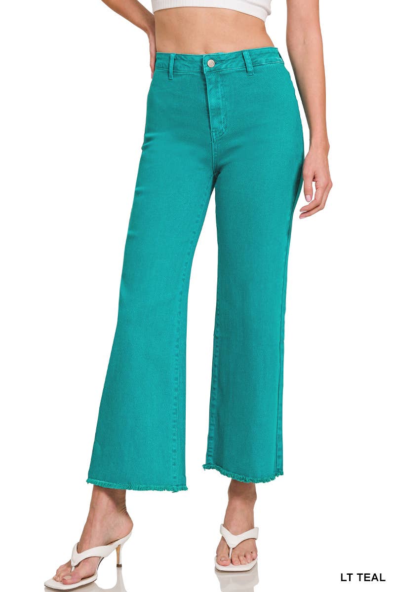Acid Washed Frayed Cutoff Hem Straight Wide Pants Zenana