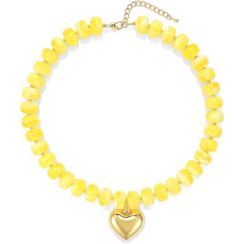 Colorful Resin Bead Necklace with Gold Heart-Shaped Pendant