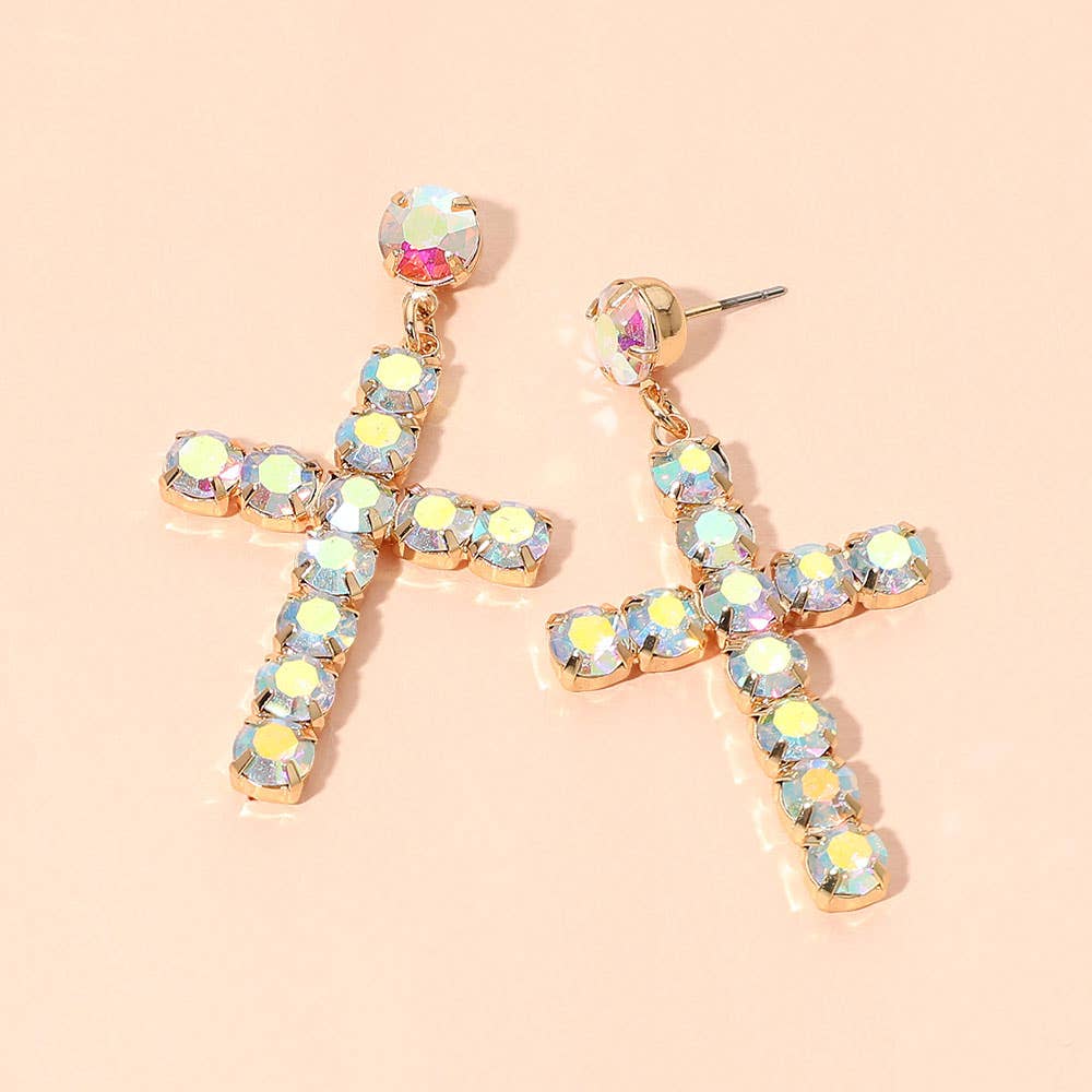 Round Gem Cross Charm Drop Statement Earrings