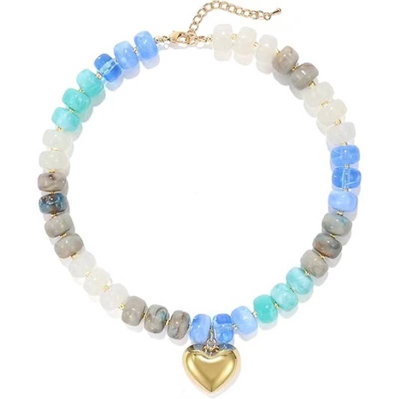 Colorful Resin Bead Necklace with Gold Heart-Shaped Pendant