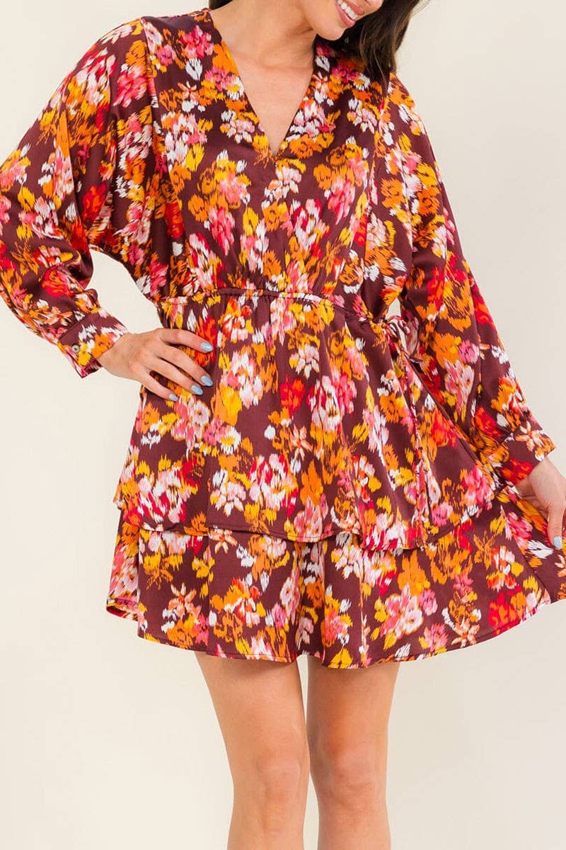 LONG SLEEVE SURPLICE FLORAL PRINT MINI DRESS