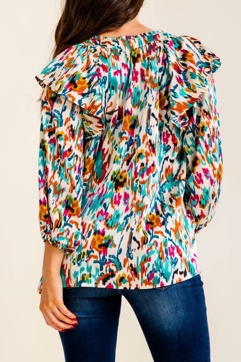 3/4 SLEEVE V-NECK MULTI PRINT BLOUSE