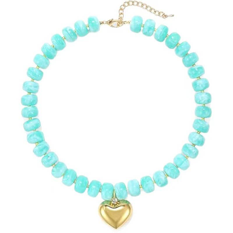 Colorful Resin Bead Necklace with Gold Heart-Shaped Pendant