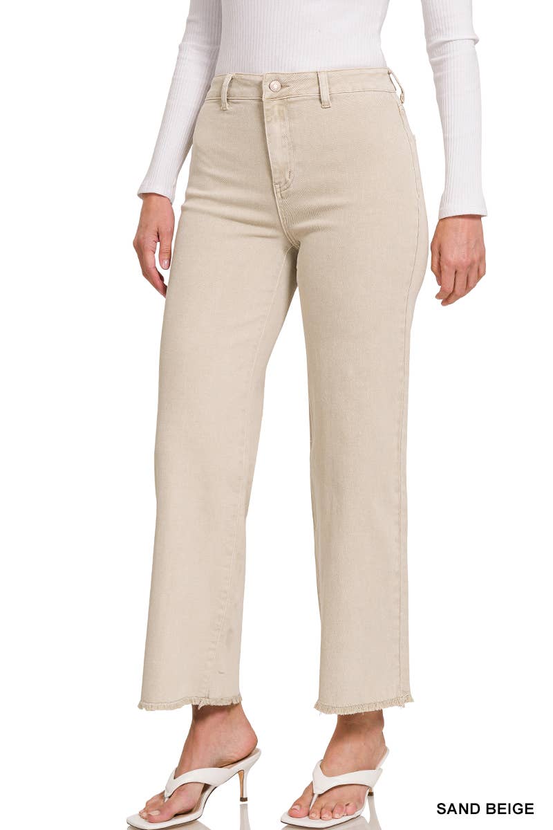 Acid Washed Frayed Cutoff Hem Straight Wide Pants Zenana