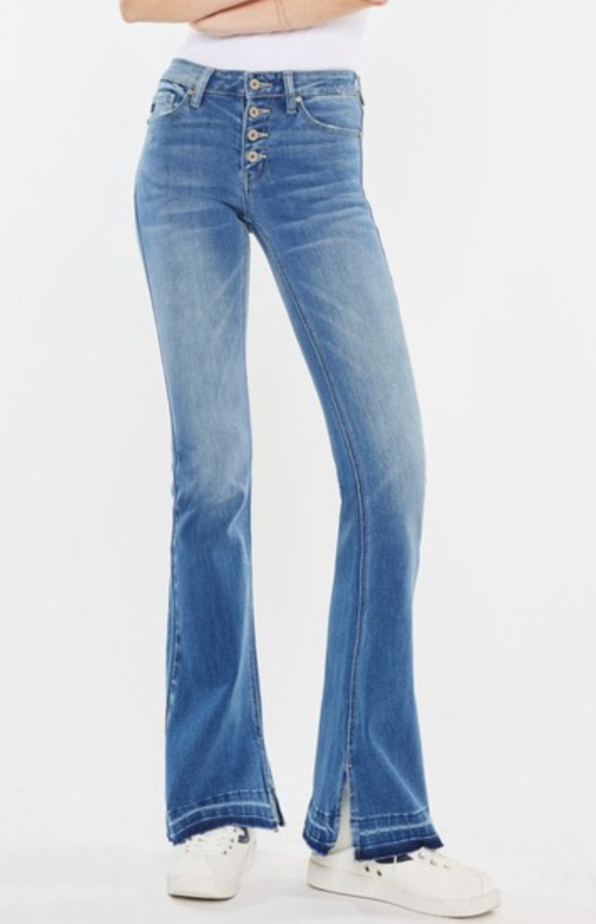 Mid Rise Button Up Flare Jeans