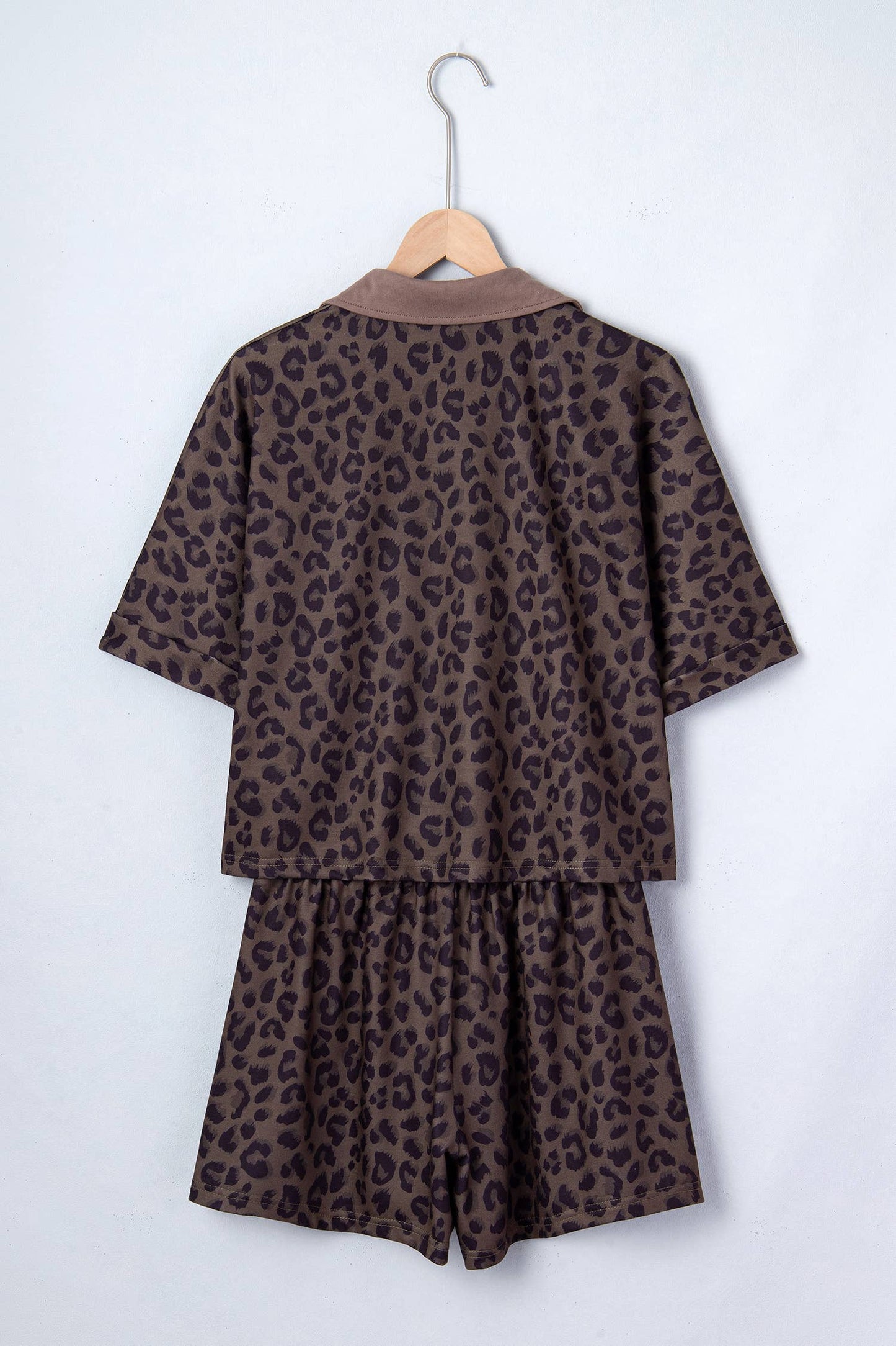 Brown Leopard Collared V Neck Top & Shorts Set