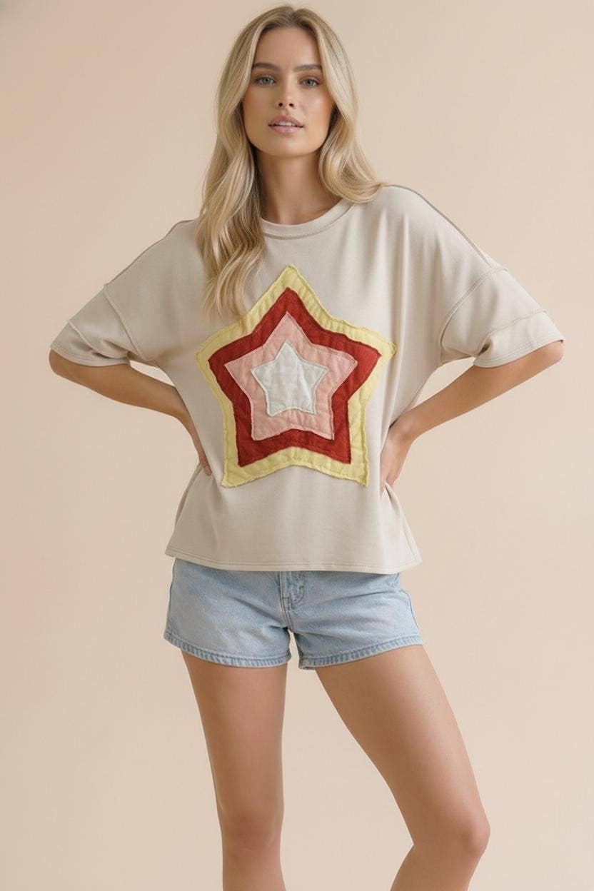 Short Sleeve Multi Color Star Patchwork Top