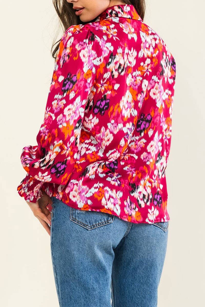 LONG SLEEVE BUTTON UP FLORAL PRINT BLOUSE