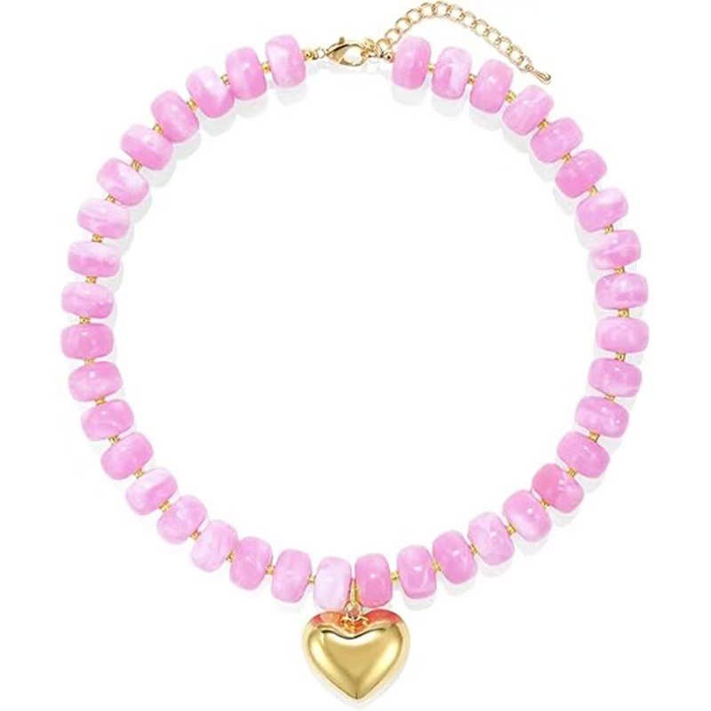 Colorful Resin Bead Necklace with Gold Heart-Shaped Pendant