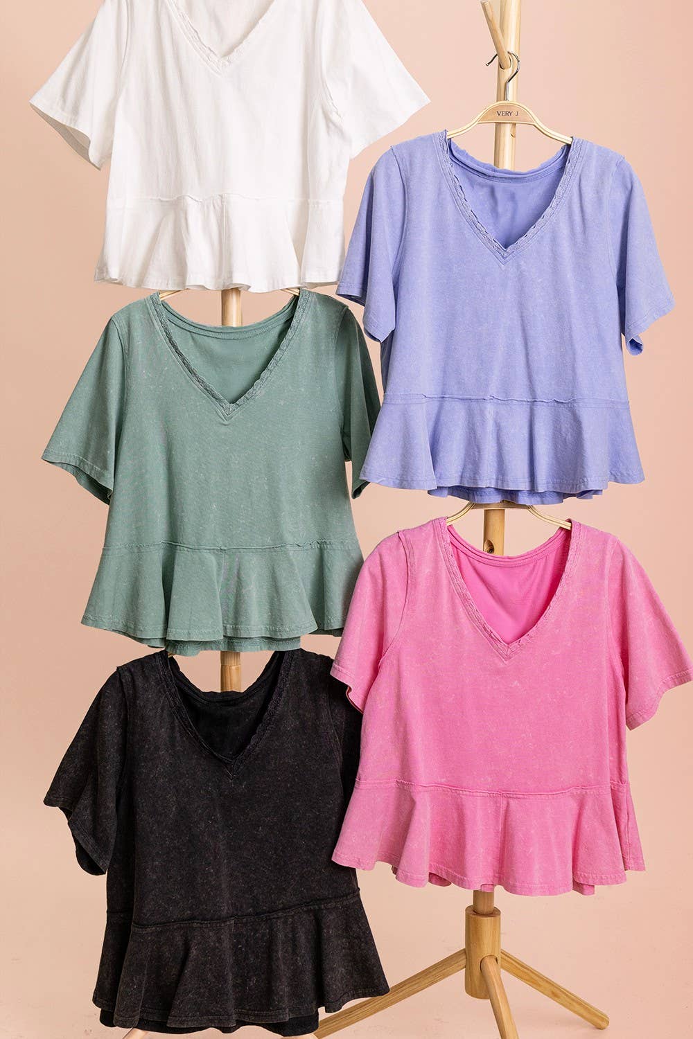 NT12466-Lace Trim Detail Mineral Washed V-Neck Knit Top