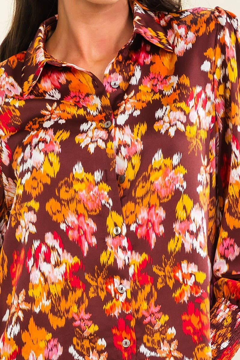 LONG SLEEVE BUTTON UP FLORAL PRINT BLOUSE