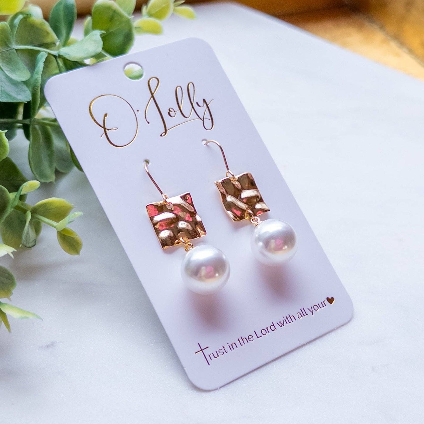 Square Textured Connector w/Pearl Dangle Earrings “Laurel”