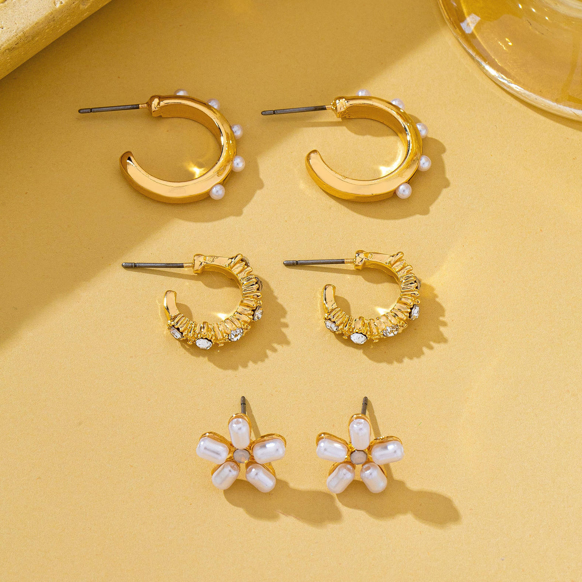 Pearl Floral Stud & Hoop Trio earrings | 80E62419