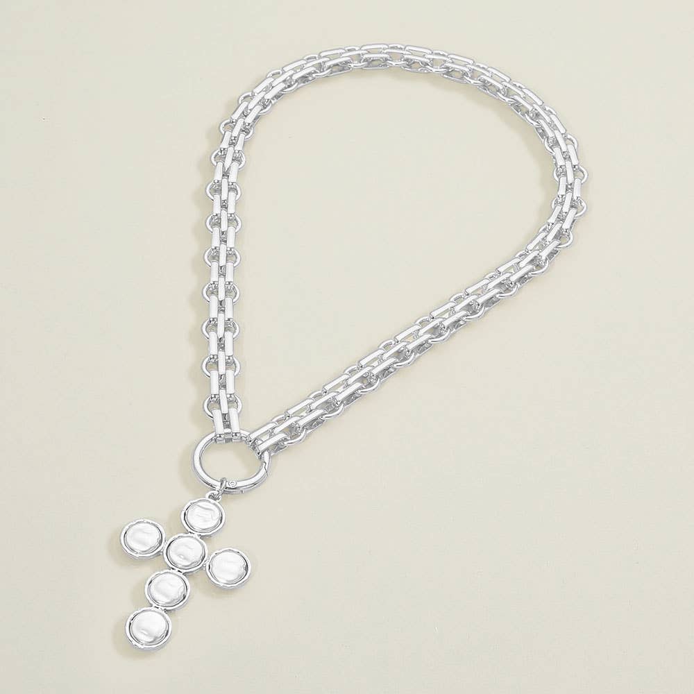 Pearl Cross Charm Pendant Chunky Chain Statement Necklace