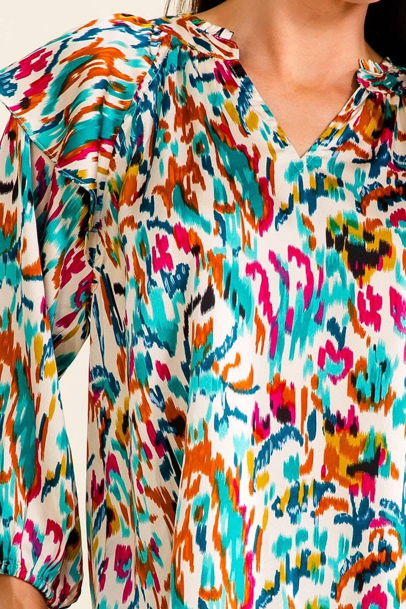 3/4 SLEEVE V-NECK MULTI PRINT BLOUSE
