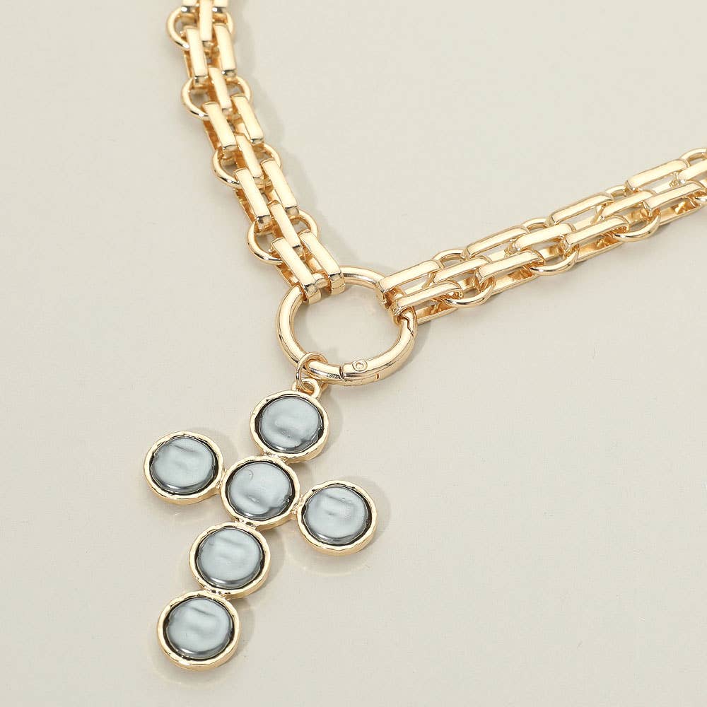 Pearl Cross Charm Pendant Chunky Chain Statement Necklace