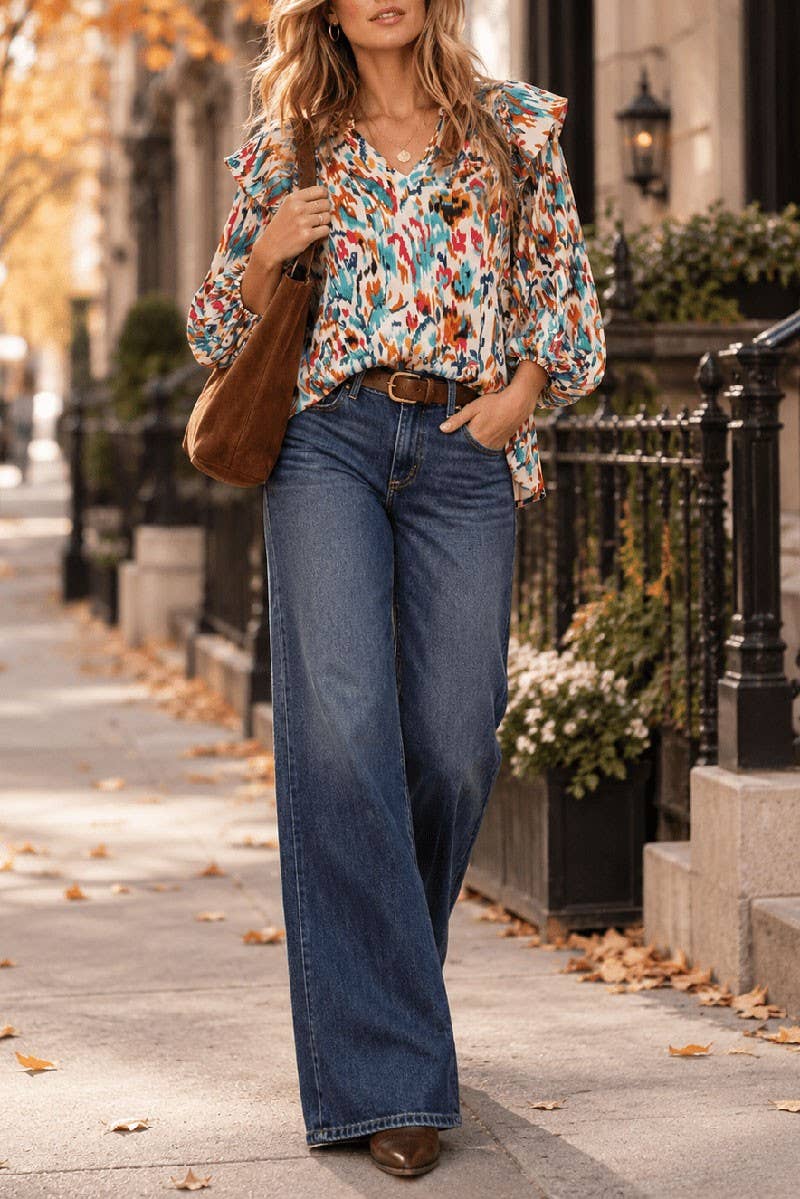 3/4 SLEEVE V-NECK MULTI PRINT BLOUSE