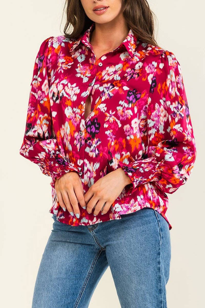 LONG SLEEVE BUTTON UP FLORAL PRINT BLOUSE