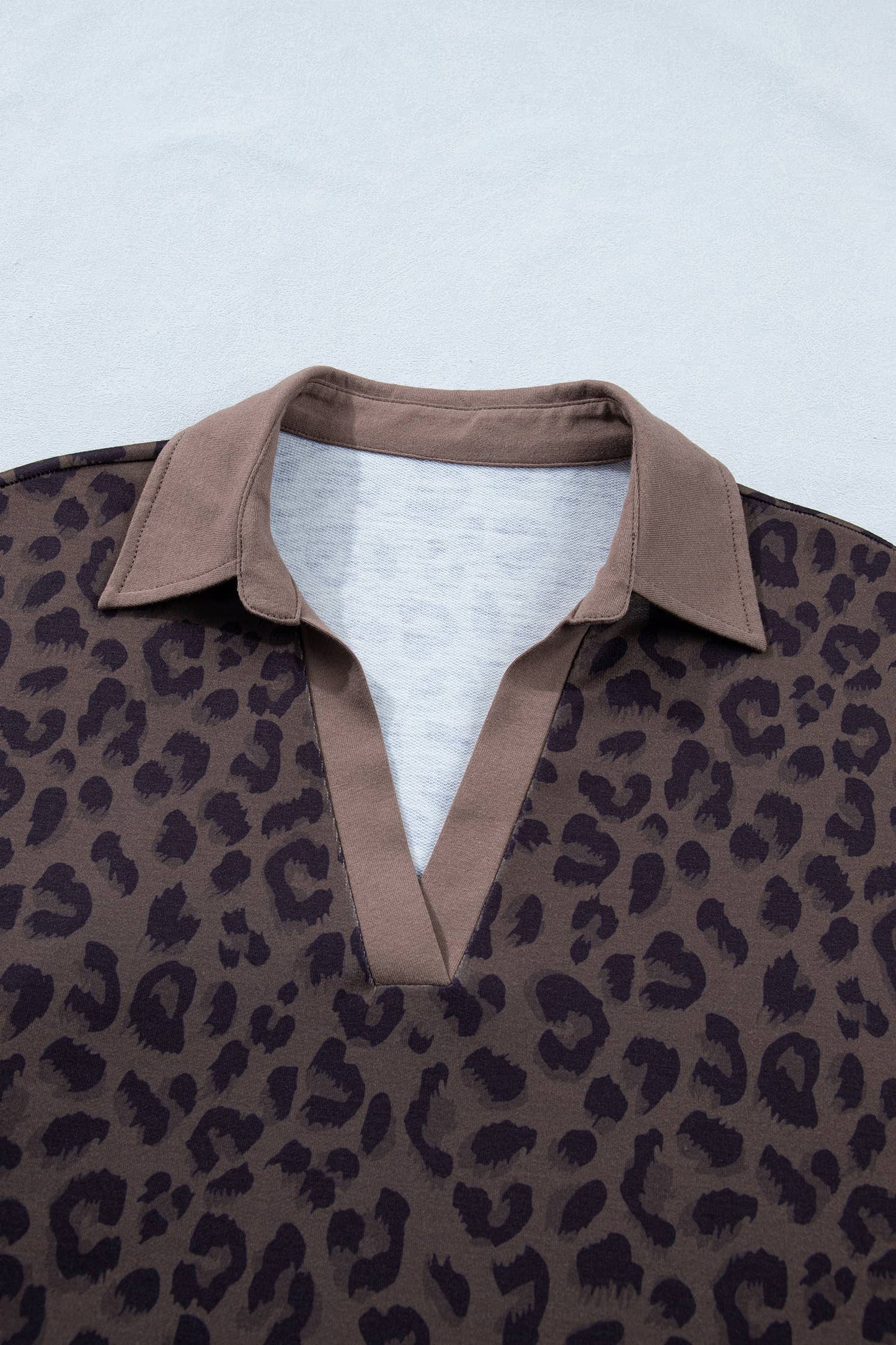 Brown Leopard Collared V Neck Top & Shorts Set