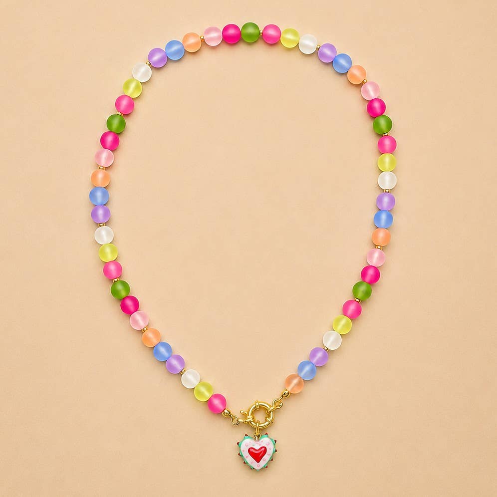 Multi Frosted Glass Bead & Enamel Heart Necklace | 40NK9766