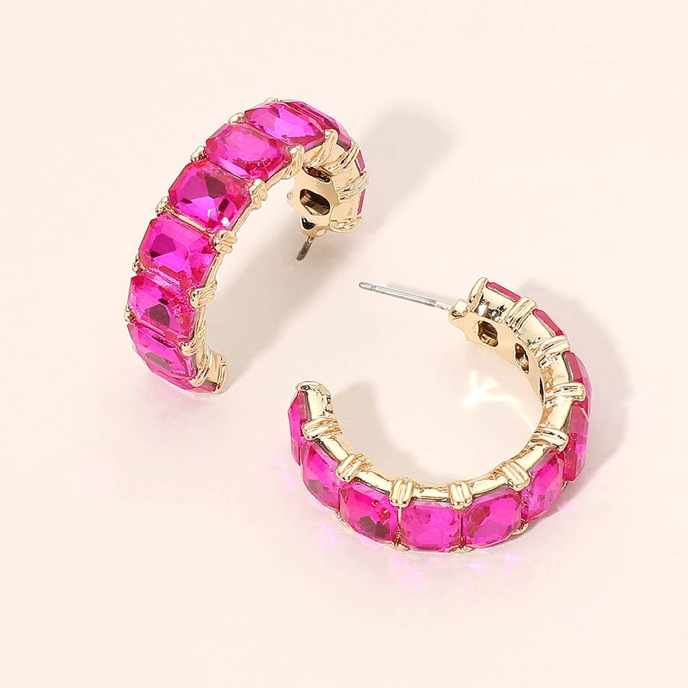 Faceted Rectangular Gem Curved Hoop Earrings
