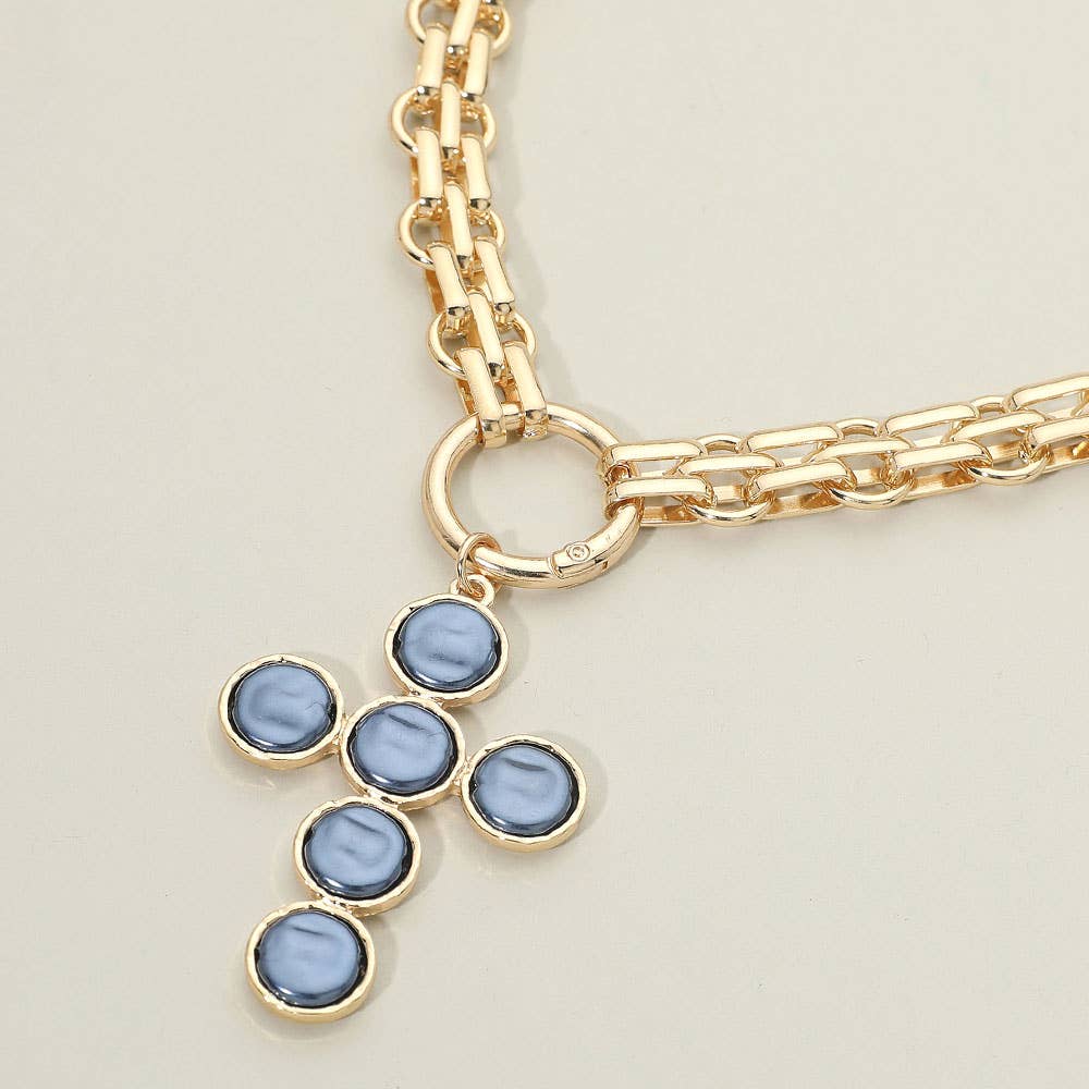 Pearl Cross Charm Pendant Chunky Chain Statement Necklace