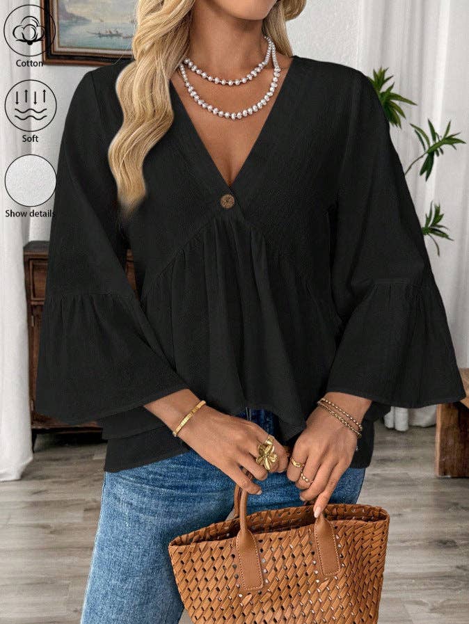 Cotton V-Neck Ruffle Sleeve Top Flowy Loose Blouse