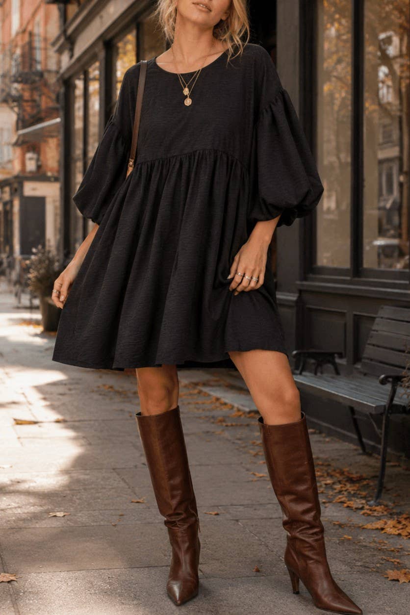 SHORT PUFF SLEEVE POCKETS TIERED TUNIC MINI DRESS